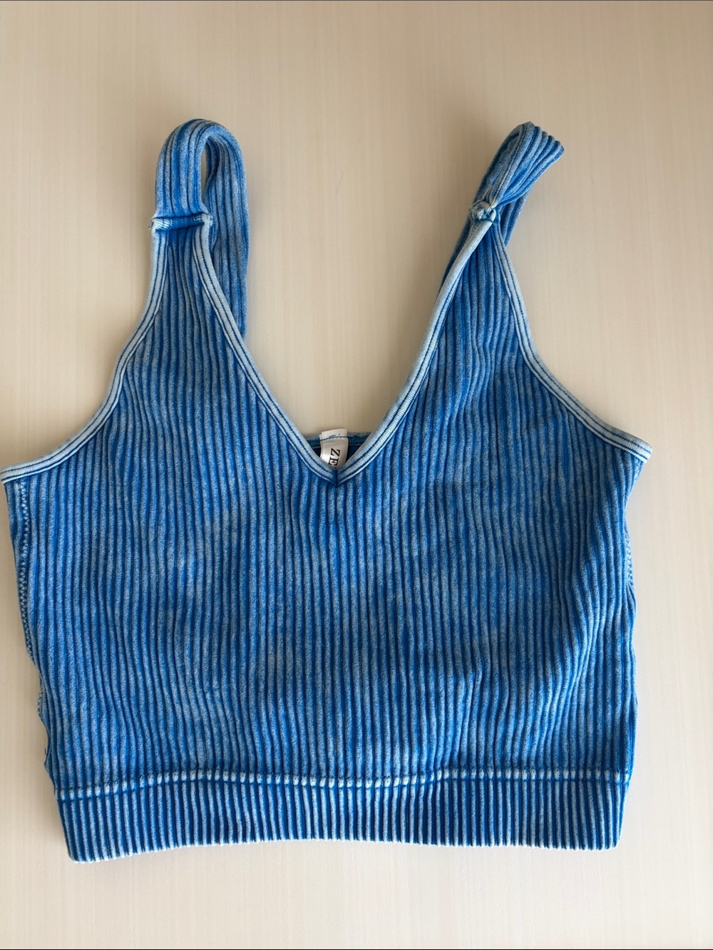 Zenana Outfitters Blue Ribbed V-Neck Crop Tank